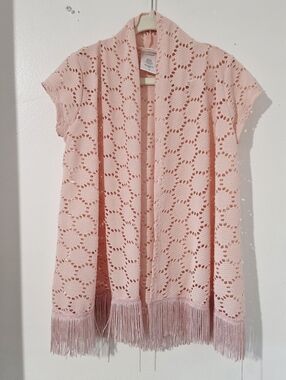 Forever Me Pink Crocheted Open Front Cardigan With Fringe Trim Girls Size 6